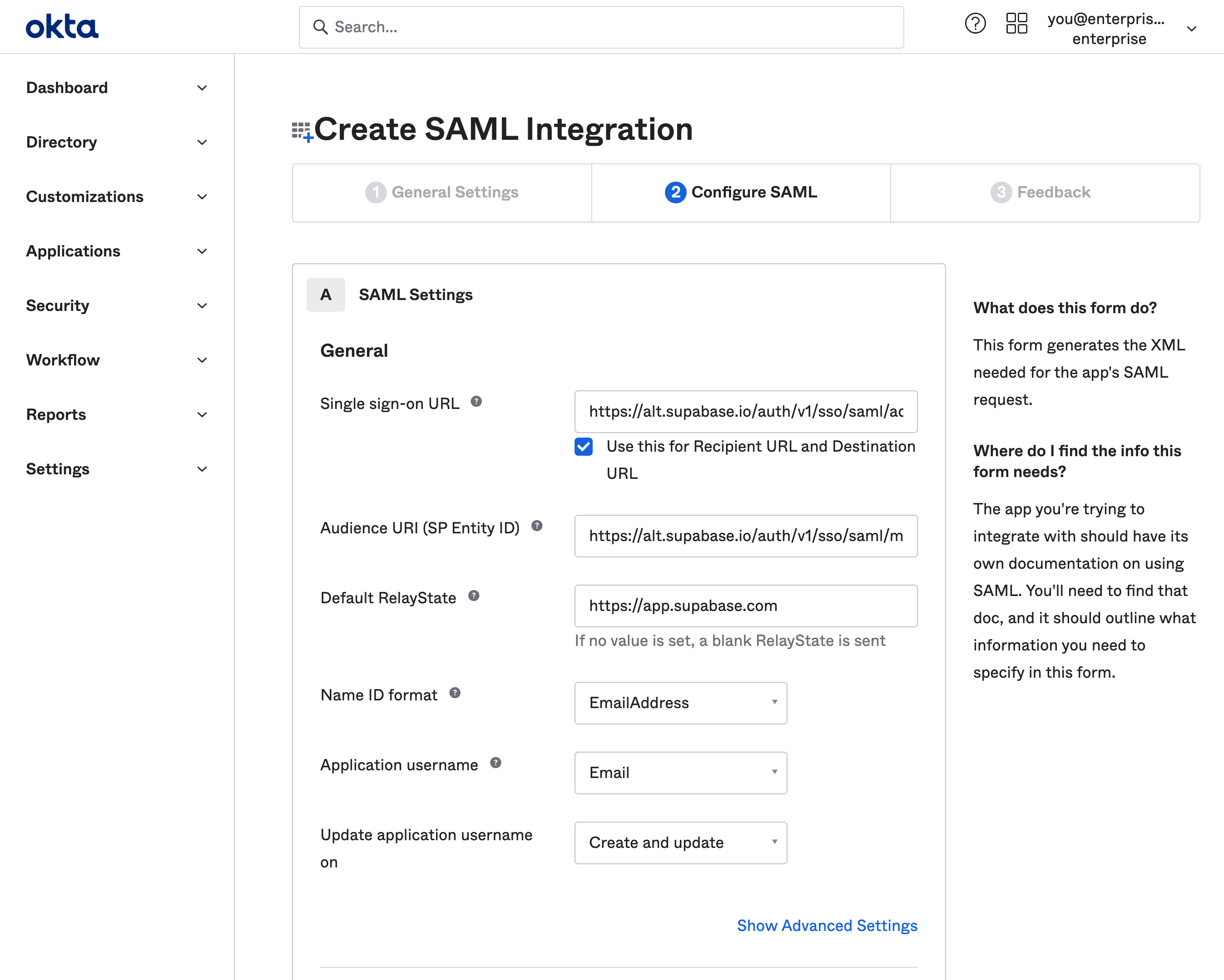 Okta dashboard: Create SAML Integration wizard, Configure SAML step